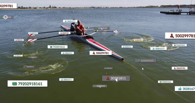 Senior rowers starting strokes, moving scull while data labels appearing nearby for sports