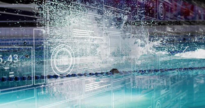 Sliding HUD, swimmer wearing cap and goggles powering along competition lane training, copy space
