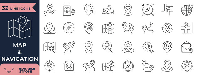Map navigation and GPS location line icon set with route, pin and compass symbols © Masum