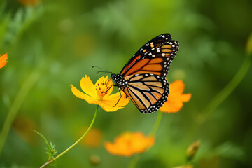 Monarch Butterfly Sipping Nectar from a Vibrant Yellow Cosmos Flower in a Lush Green Garden, Capturing the Delicate Beauty of Nature's Interconnectedness