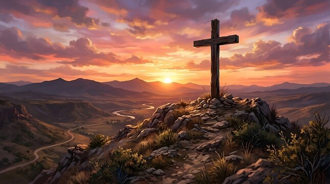 calvary sunset background for good friday he is risen; generative AI