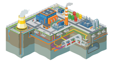 Isometric illustration of an industrial power plant with surrounding infrastructure