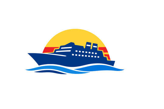 A stylized graphic illustration of a dark blue cruise ship sailing on blue waves against a large yellow sun and red sunset horizon, set against a solid black background.