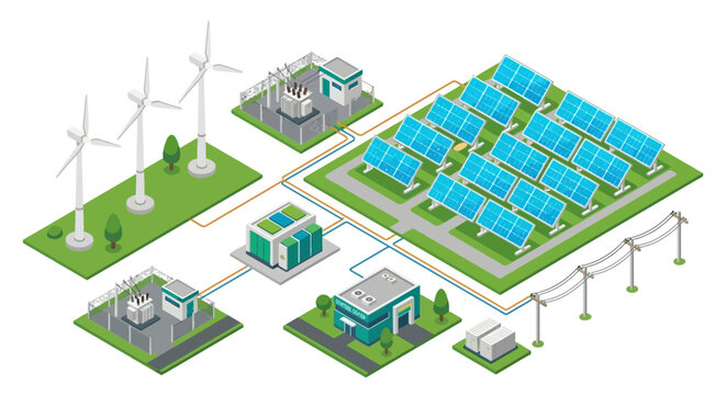 Isometric illustration of a sustainable energy park with wind and solar power