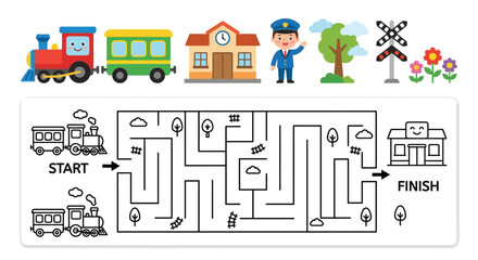 Colorful train illustration with a matching maze puzzle below it © MITHUN