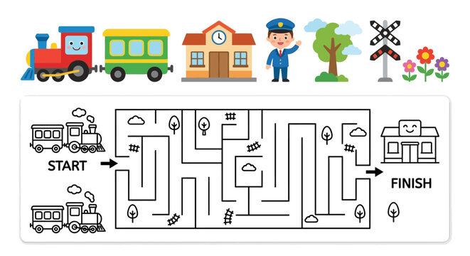 Colorful train illustration with a matching maze puzzle below it