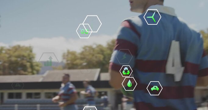 Receiving striped-jersey #4 catching rugby-ball on pitch as teammate passing, UI icons, copy space