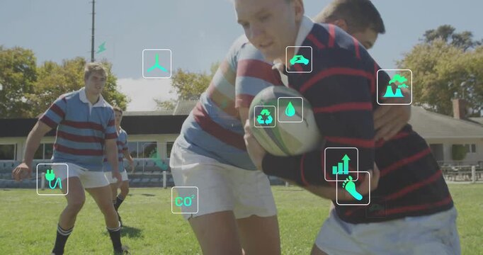 Rugby ball runner running to camera UI data floating tacklers wrapping securing ball cam lowering