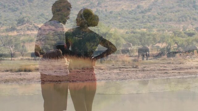 Couple standing turning gesturing after spotting herd drawing closer viewing elephants in crossfade