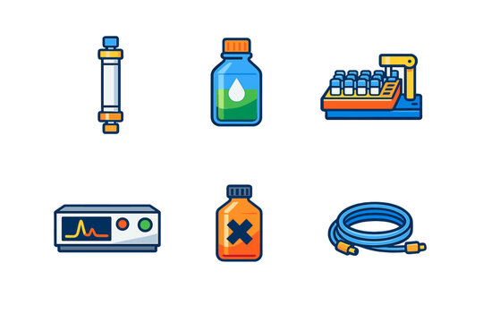 Six flat vector icons representing laboratory and chemical analysis tools such as a chromatography column, reagent bottles, an autosampler rack, a digital monitor, and blue tubing.