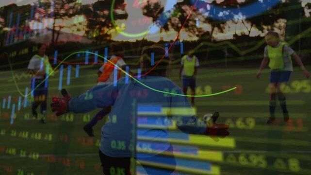 Female goalie stepping forward for save as attacker dribbling toward net, finance charts overlaying