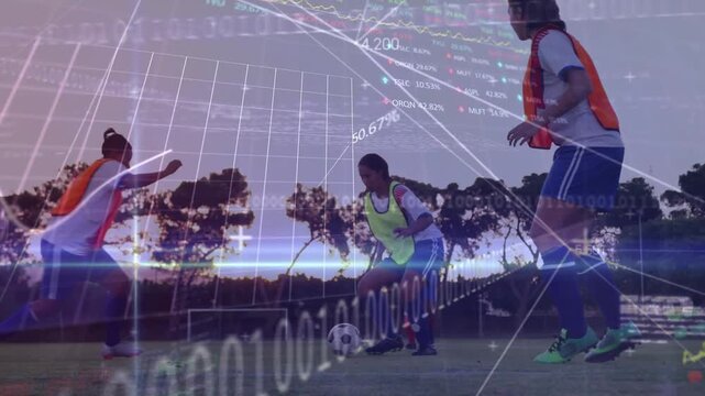 Soccer training ball handler dribbling as defender closing in, digital charts pulsing over cleats