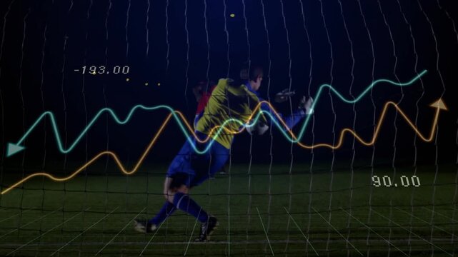 Kicker striking ball scoring, keeper diving saving through net, trajectory overlays on ball, sports