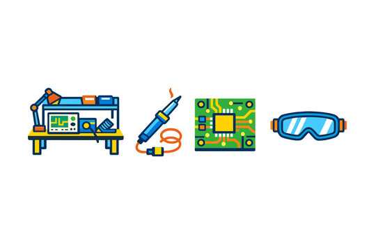 A set of four flat vector icons representing electronics engineering, including a laboratory workbench, a soldering iron, a printed circuit board, and safety goggles on a black background.