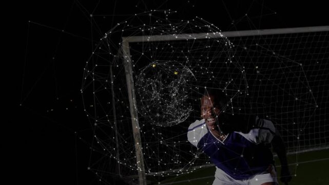 Male player heading ball coming upper-left, overlay focusing contact while defending net for sports
