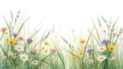 Watercolour Floral Meadow Composition Colorful Wildflower Meadow with Gentle Breeze and Soft Pastel Background in Spring