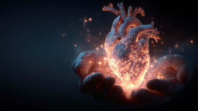 Glowing Human Heart Held in Hand Concept of Life and Energy
