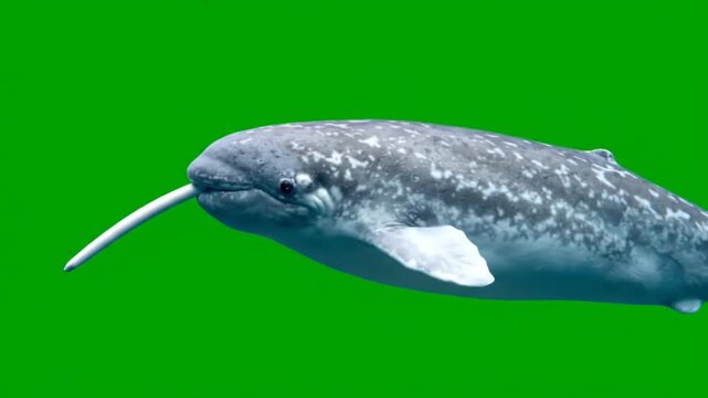Close-up Video of a narwhal swimming in Arctic waters with green background