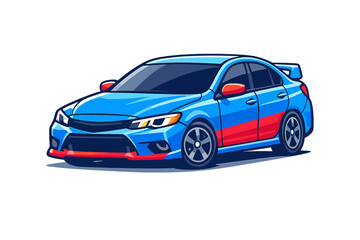 Naklejka premium A stylized vector illustration of a blue sports sedan with red accents and a rear spoiler, isolated on a black background. The car features a sleek design and five-spoke wheels.
