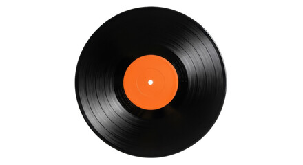 Black vinyl record isolated PNG, vintage music disc with orange label on transparent background for audio and entertainment © Luca