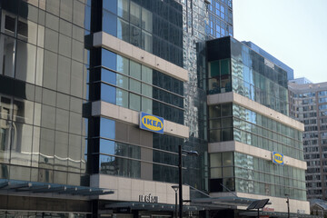 Naklejka premium exterior building facade and sign of IKEA Toronto Downtown inside Aura Concourse Shopping Mall, 382 Yonge St
