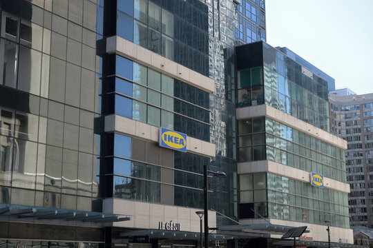 exterior building facade and sign of IKEA Toronto Downtown inside Aura Concourse Shopping Mall, 382 Yonge St