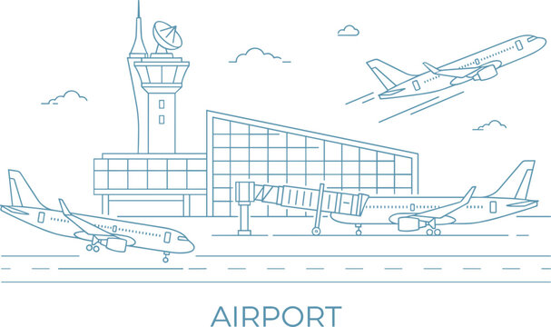 Blue line art illustration of airport terminal building featuring commercial passenger airplanes taking off and control tower station
