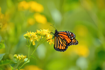 Fototapeta premium Monarch's Embrace A Butterfly's Gentle Touch on Goldenrod Flowers Capturing the Essence of Pollination and the Interconnectedness of Life in a Sunny Meadow