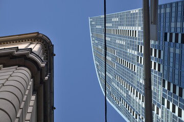Naklejka premium skyward view of L-Tower a condominium designed by Daniel Libeskind near Yonge St and The Esplanade, Toronto
