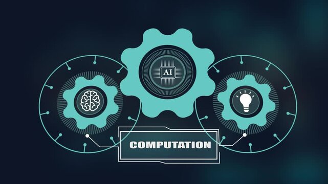 Computation technology concept with artificial intelligence gear icons, brain and light bulb symbols for smart machine learning and digital data processing.
