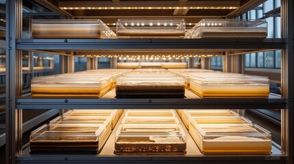 Obraz premium Climate-controlled fermentation chamber containing multiple levels of koji-inoculated grains at various development stages, precision temperature and humidity monitoring equipment visible, ideal