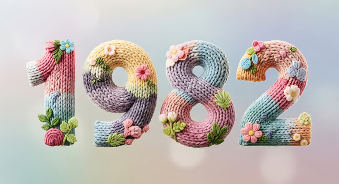 Nostalgic Knitted Numbers 1982 Featuring Pastel Rainbow Stripes and Floral Decorations, Evoking a Vintage and Charming Feel
