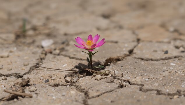 Blooming single pink daisy rising from cracked soil under sunlight, with pebbles and twig