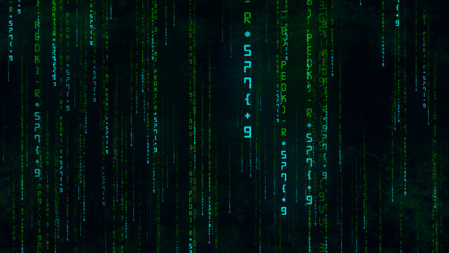 Machine computing. Endless data analysis. Random numbers and symbols, program code numbers. Digital data technology concept. Matrix. Vector illustration.