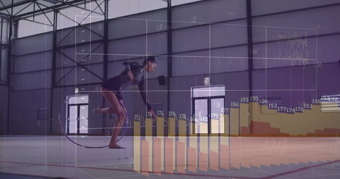 Gymnast entering left and releasing hoop, doing jumps and acrobatics while overlay tracking metrics