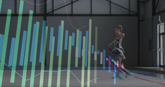 Girl gymnast flicking ribbon, looping, passing torso and arching while graphs on left for sports
