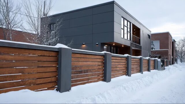 Modern house with wooden fence covered in snow during winter  
