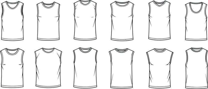 Men Tank Top Silhouette Set Sleeveless Undershirt Apparel Vector SketchMen Tank Top Silhouette Set Sleeveless Undershirt Apparel Vector Sketch