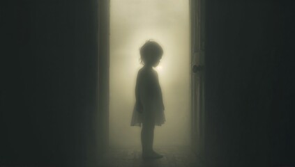 Obraz premium Standing child glowing in doorway at narrow hall, in light dress barefoot, with doorknob and haze
