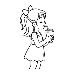 Dibujo sencillo con líneas de una chica joven bebiendo de un vaso de papel con una pajita, sujetándolo con las dos manos © teracreonte