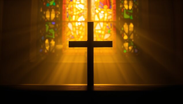 Standing wooden Christian cross silhouette catching sunbeams in church, illuminating dust motes