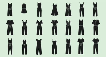 Women jumpsuit romper silhouette vector collection fashion design setWomen jumpsuit romper silhouette vector collection fashion design set