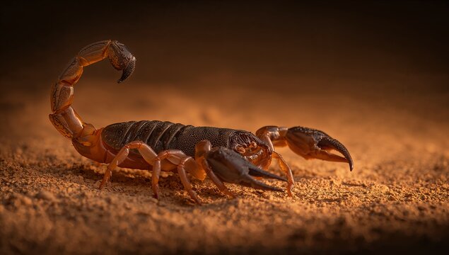 Displaying single scorpion curling tail and raising stinger on sandy desert floor, showing chelae