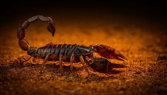 Creeping solitary scorpion holding curved tail with stinger over sandy desert floor, with pincers