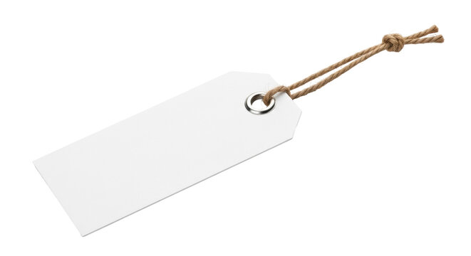 Blank white paper tag with brown string isolated PNG, price label for retail, product branding and marketing