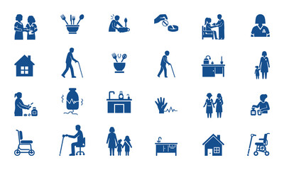 Fototapeta premium Collection of blue silhouette icons depicting elderly care and daily activities