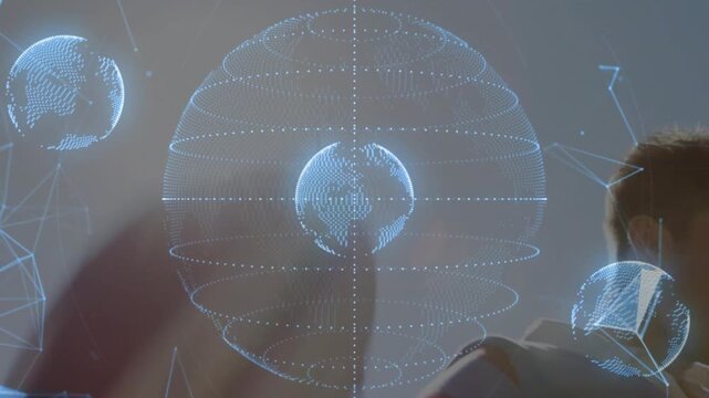 Stepping player in blue rugby shirt throwing rugby ball to team on field under hologram globe