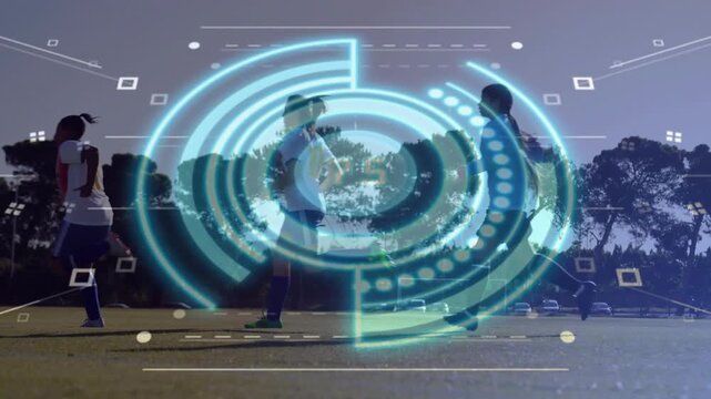 Female runners passing low-angle track, two starters initiating run through pulsing HUD for fitness