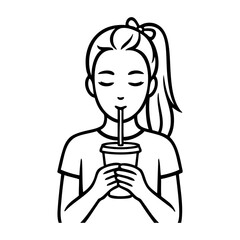 Dibujo sencillo con líneas de una chica joven bebiendo de un vaso de papel con una pajita, sujetándolo con las dos manos  © teracreonte