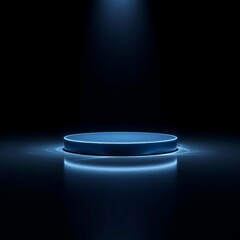 Futuristic glowing blue podium on reflective surface at night with blue light